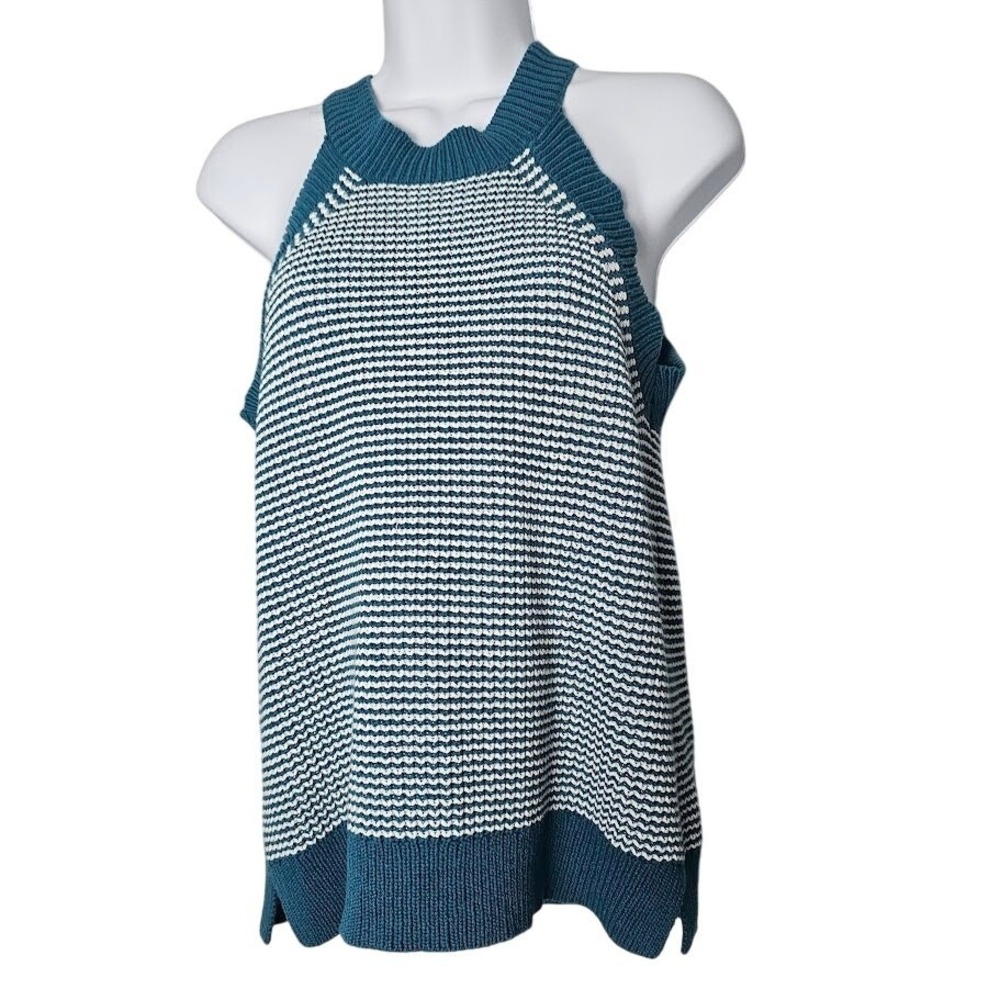 Ann Taylor Loft‎ Teal White Knit Sweater Tank Women's Small P Dark Academia